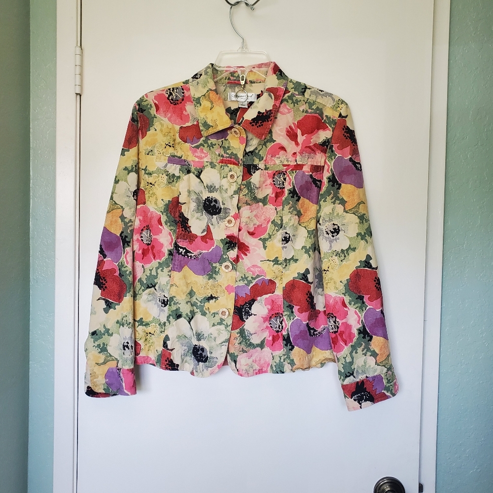 Coldwater Creek Women's Watercolor Floral Silk Linen Cotton Blend Jacket Large